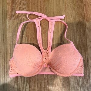 Aerie Lightly Lined Neon Orange Lace Halter Bikini Top - Size 34B
